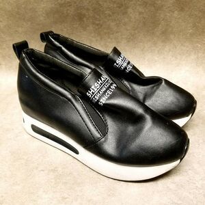 Shishang Womens   Size 37 EUR 7 Black  Slip On Loafer Chunky Platform Heels